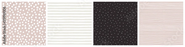 Obraz  Simple spot and stripe baby girl seamless pattern set in neutral beige, white, soft pink and black colors for infant clothing, blanket or bedding textile.