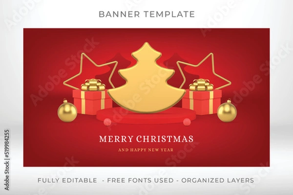 Obraz Golden Xmas spruce Merry Christmas congratulations red web banner template realistic 3d icon vector