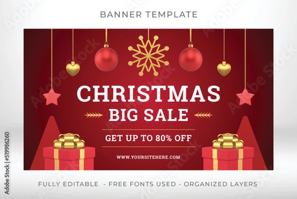 Fototapeta Christmas big sale premium red glossy web banner template with hanged toys realistic 3d icon vector