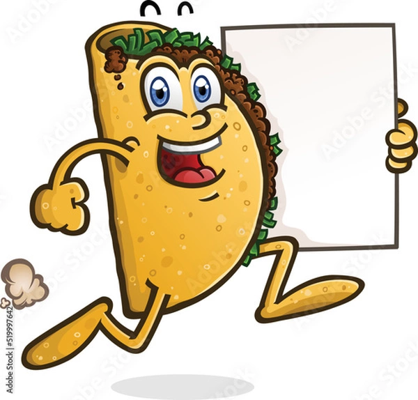 Obraz A delicious beef taco cartoon character on a brisk bouncy jog to the Mexican food stand while holding a blank poster board sign