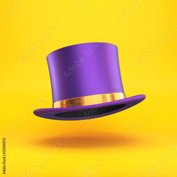 Fototapeta Purple top hat with a gold ribbon floating on a yellow background, 3d render