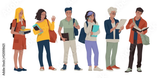 Obraz Students, pupils. Guys and girls with books and briefcases. Back to school. Vector image.