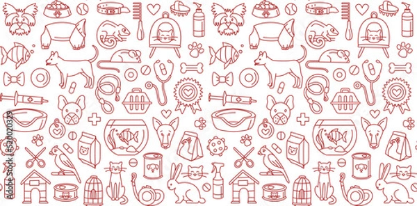 Fototapeta Pet store dogs, cats, birds, other domestic animals seamless pattern
