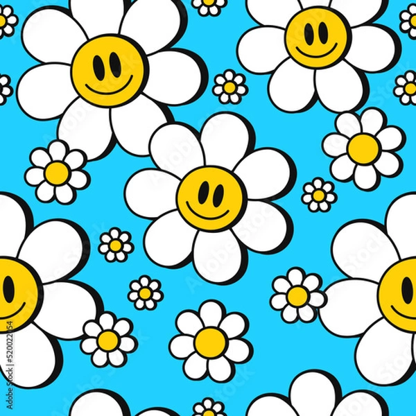 Fototapeta Cute funny kawaii smile face flowers on blue background seamless pattern art.Vector cartoon kawaii character illustration design.Positive vintage smile face camomile flower seamless pattern concept
