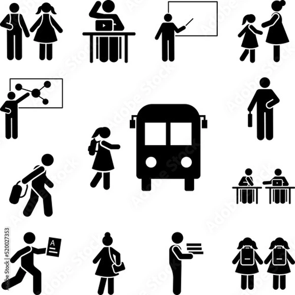 Fototapeta Girl student go bus school pictogram icon in a collection with other items