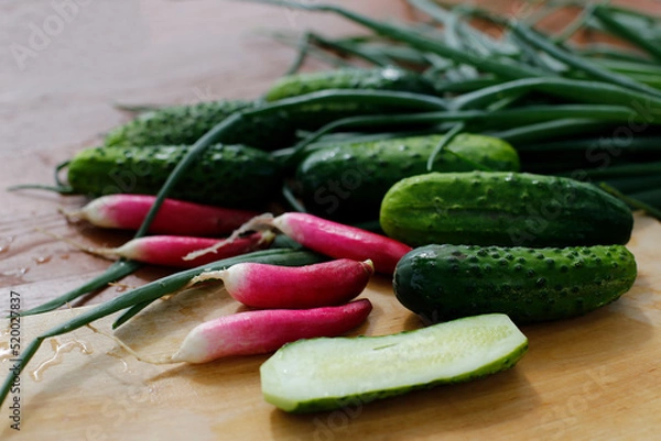 Obraz Fresh cucumbers and radishes on the rustic table. Fresh spring vegetables.Healthy eating.