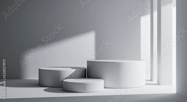 Fototapeta Three white round product podiums in minimal style with building background. Architecture and interior concept. 3D illustration rendering.