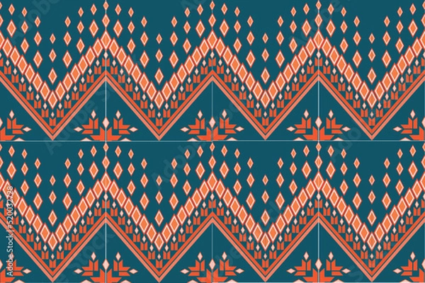 Fototapeta zigzag triangle shape frame with light orange flowers on the green for garments, textiles