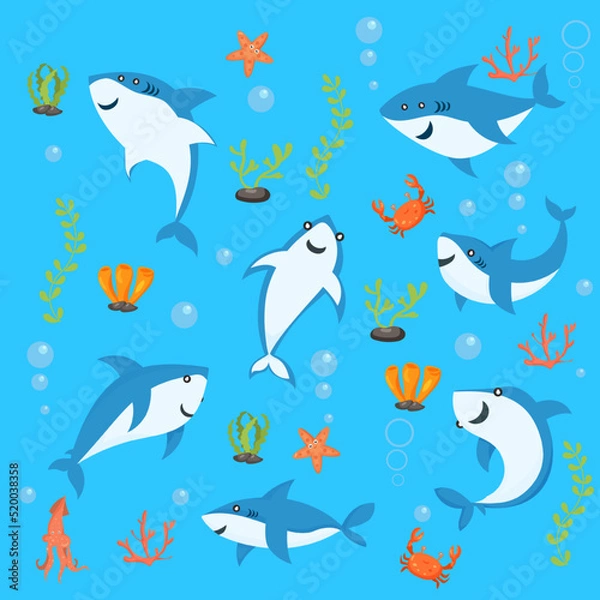 Fototapeta cute sharks pattern. cartoon shark, seaweed print. Sea wildlife, underwater world vector seamless texture