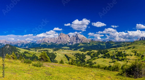 Obraz Dolomites, Panoramic View of  Dolomite Mountains, Val Gardena, South Tyrol, Italy