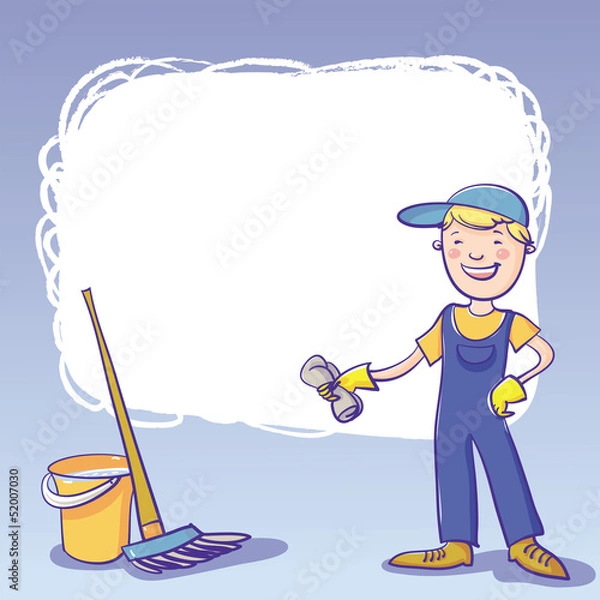 Obraz Vector Frame With Janitor, Bucket And Mop.
