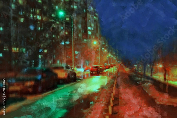 Obraz Rainy night city Kyiv, Bereznyaki district. Digital painting with canvas texture in the style of modern impressionism.