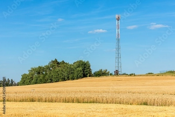Fototapeta Iron communications tower on the hill with wheat field. Agriculture. Growing wheat. Grain trading. New GSM antennas on a high tower against a blue sky.