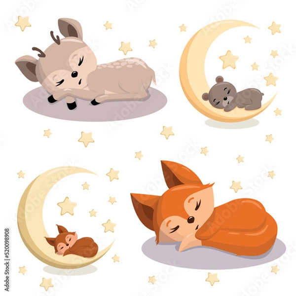 Fototapeta A set of cute sleeping animals. A set of vector images with wild animals