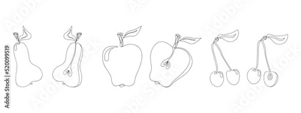 Fototapeta Set of fruits drawn by one line. Apple, pear, cherry. Sketch, Continuous line drawing art. Simple vector stock illustration.
