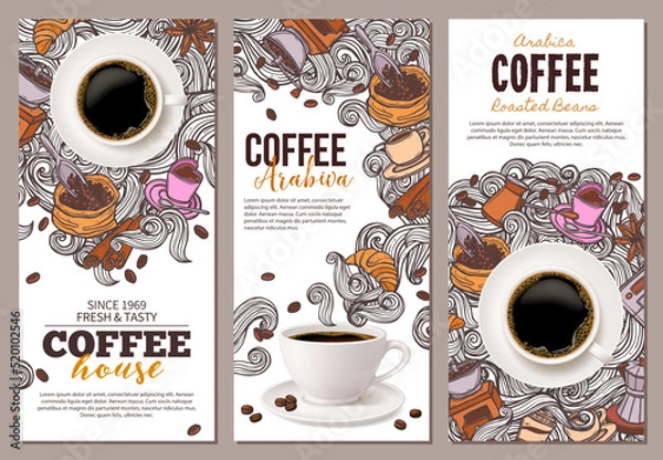 Fototapeta Coffee advertising banners design set with coffee cup and hand drawn doodle beans, croissant, mug of beverage and swirls in steam. Vertical templates with mixing realistic and cartoon sketch styles