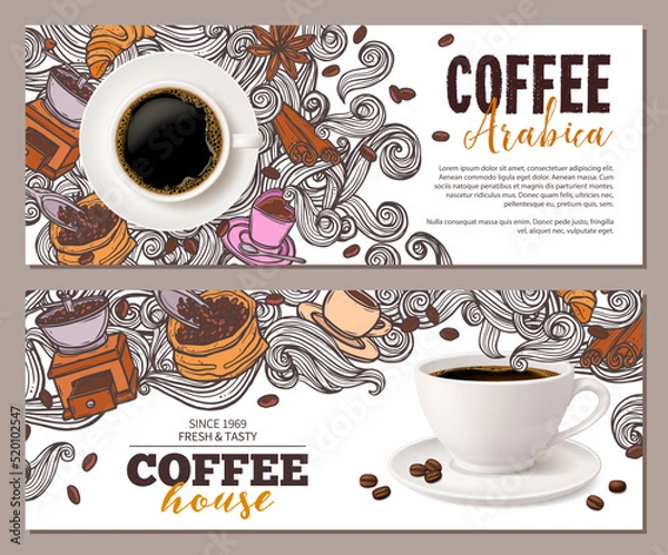Obraz Coffee advertising banners design set with coffee cup and hand drawn doodle beans, croissant, mug of beverage and swirls in steam. Horizontal templates with mixing realistic and cartoon sketch styles