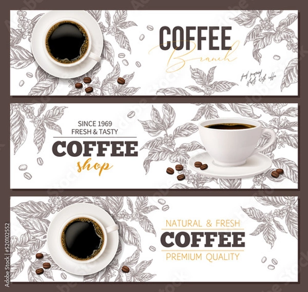 Obraz Horizontal coffee banners set. Top view realistic cup on white background with coffee tree plant in sketch etching style. Design for advertising, café or shop