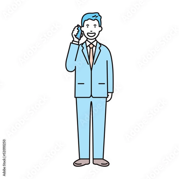 Fototapeta ビジネス_人物_男性_スーツ_全身_スマホで通話_笑顔