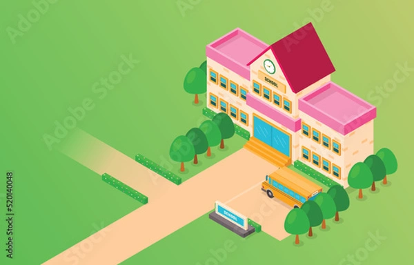 Fototapeta Isometric School Building And School Bus, Vector