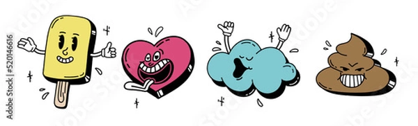 Fototapeta A set of retro cartoon characters from the 30s. Vintage comic smile multicolored vector illustration