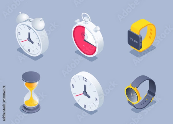 Fototapeta isometric vector illustration on a gray background, a set consisting of an alarm clock with a clock and a stopwatch with an hourglass, a device for counting time