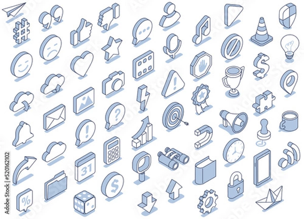 Fototapeta isometric vector illustration on a white background, a large set of icons on the theme of social networks and business, text bubbles with likes and emoticons
