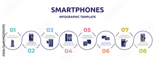 Fototapeta smartphones concept infographic design template. included phone home, smartphone with big screen, cellphone sms, call director phone, square speech bubble, chat bubbles with, phone crayon, with