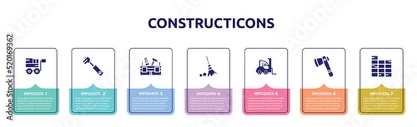Fototapeta constructicons concept infographic design template. included trolley with cargo, tool diagonal, toolbox, sweeping broom, loader facing left, inc, constructing a brick wall icons and 7 option or