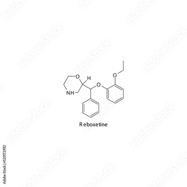 Fototapeta Reboxetine molecule flat skeletal structure, Selective NRI - Selective norepinephrine reuptake inhibitor class drug used in depression, ADHD, panic disorder treatment. Vector illustration