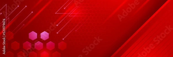 Obraz Red technology digital banner design. Science, medical and digital technology header. Geometric abstract background with tech design. Molecular structure and communication vector illustration.