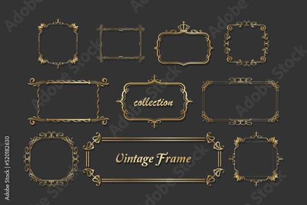 Fototapeta Collection of various elegant and luxurious golden frame shapes, border corner ornaments, Vintage Calligraphy, vector illustration