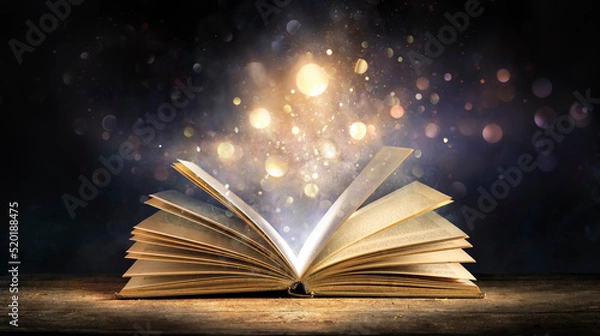 Obraz Magic Book With Open Antique Pages And Abstract Bokeh Lights Glowing In Dark Background - Literature And Education Concept