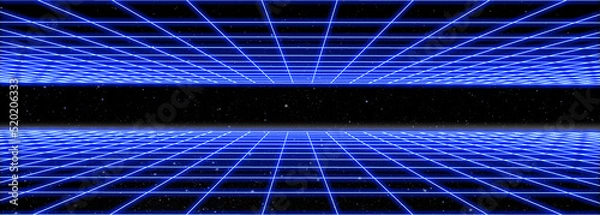 Obraz 3d abstract 1980's retrowave, cyberpunk background with copy space, neon perspective grid