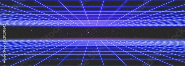 Obraz 3d abstract 1980's retrowave, cyberpunk background with copy space, neon perspective grid