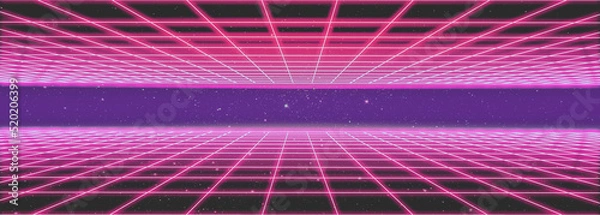 Obraz 3d abstract 1980's retrowave, cyberpunk background with copy space, neon perspective grid