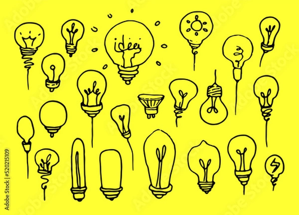 Fototapeta a set of contour light bulbs . Insulated ball bulbs of different shapes, hand-drawn in cartoon style, with a black insulated line on yellow for a design template. Symbol of the idea and thinking