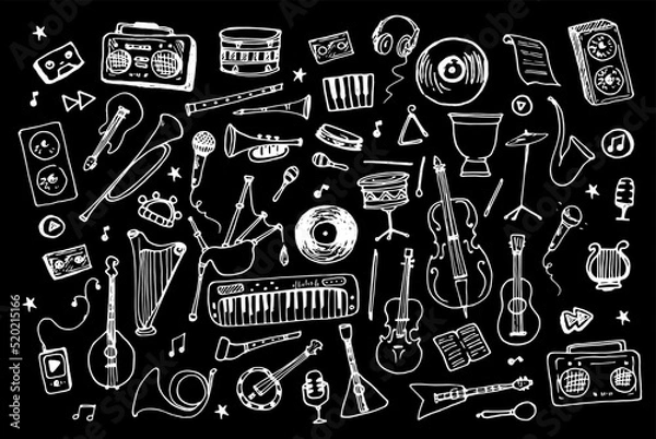 Fototapeta Musical instruments a large set of scribbled icons. hand-drawn, isolated black outline on white, drums, string and wind instruments and electronic equipment. vintage and street music