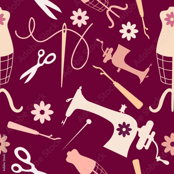 Fototapeta Sewing and tailoring dressmaking items like sewing machine, scissors, needles on white, seamless surface design pattern illustration