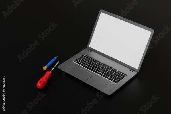 Fototapeta modern technologies. laptop broken repair. screwdriver next to laptop on black background. 3d illustration. 3d render