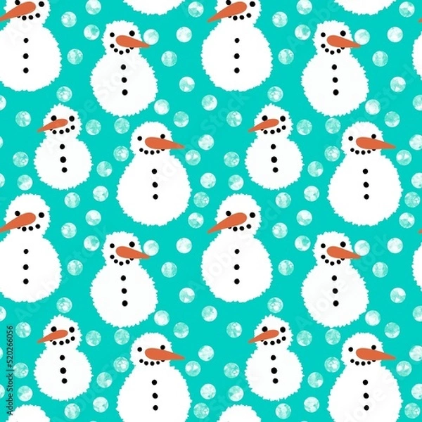 Fototapeta Winter seamless snowman and snowflakes pattern for Christmas wrapping paper and kids notebooks