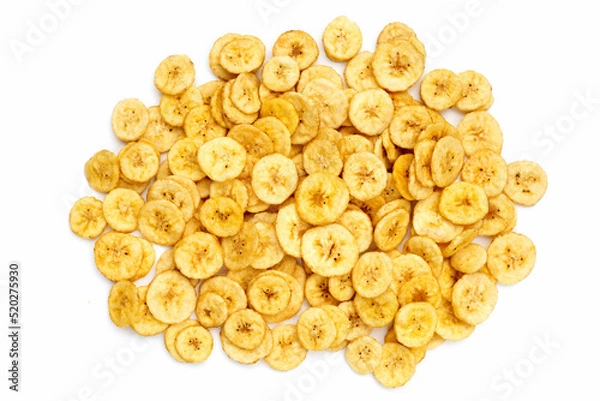 Obraz Banana slice chips on white background.