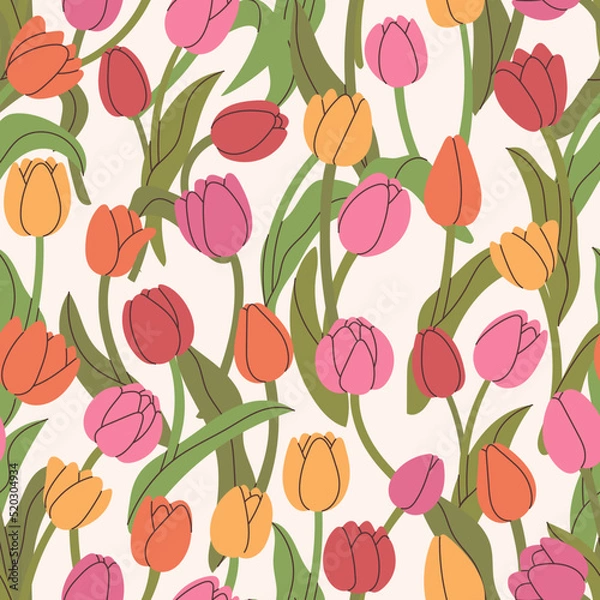 Obraz Seamless pattern with tulips. Hand drawn elements for your design. Can be used on packaging paper, fabric, background