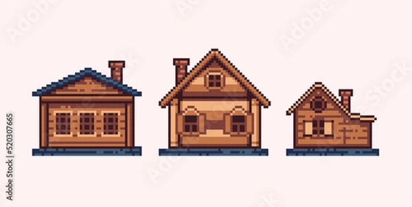 Obraz Wooden house pixel art set. Cozy log cabin collection. 8 bit sprite. Game development, mobile app. Isolated vector illustration.