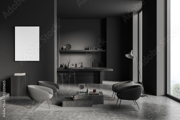 Fototapeta Studio interior with lounge zone and eating space, window and mockup frame