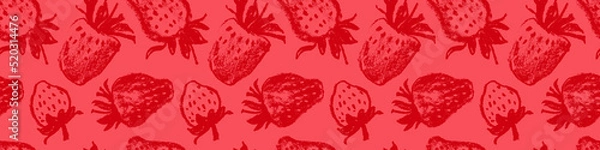 Fototapeta Strawberry pattern seamless, strawberries illustration, hand-drawn vector red berry for vegan banner, juice or jam label design. Ripe berries background for baby food packaging. Strawberry backdrop.