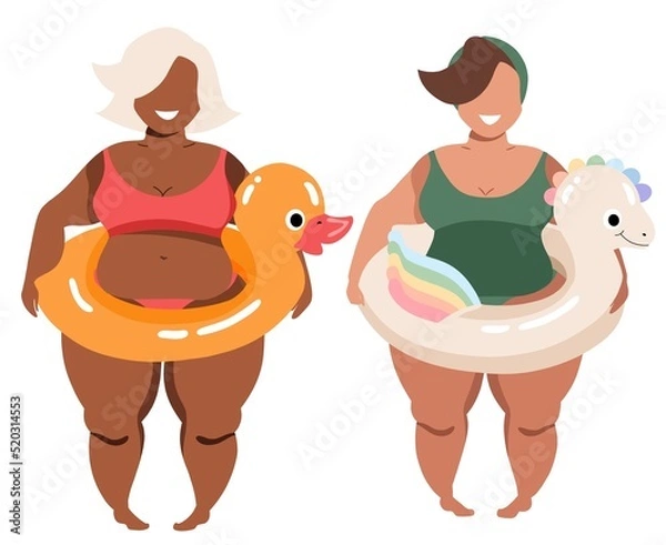 Fototapeta Girls and swimming rings. Chubby ladies in swimsuits. Female characters. Colourful pool rings - unicorn and yellow bath duck. Summer concept. Body positive modern illustration for web and print use.