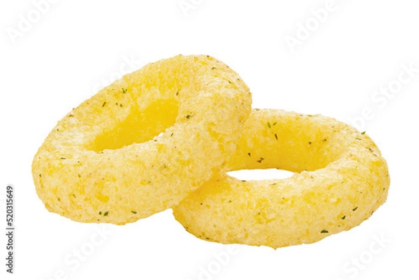 Obraz Crispy onion rings, isolated on white background, full depth of field. Сorn rings. File contains clipping path. Design element.