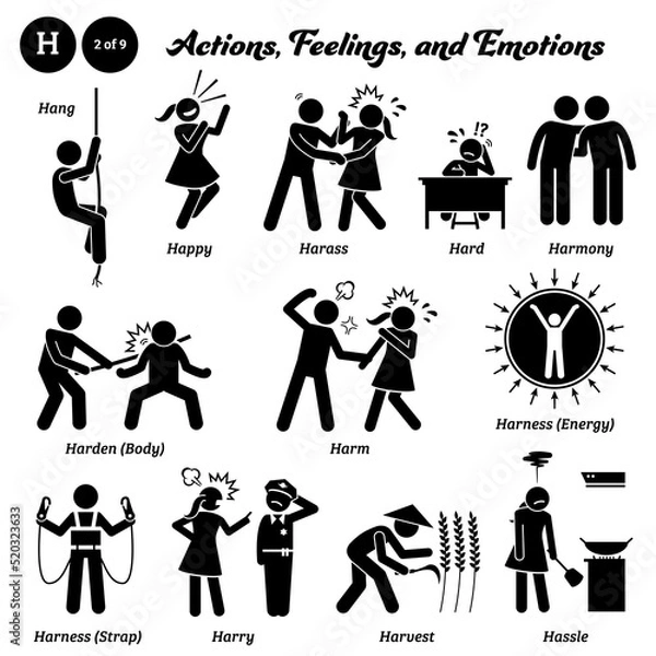 Obraz Stick figure human people man action, feelings, and emotions icons alphabet H. Hang, happy, harass, hard, harmony, harden body, harm, harness energy, harness strap, harry, harvest, and hassle.
