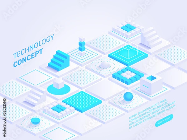 Obraz Technology isometric concept vector illustration. Abstract data storage or blockchain. Personal data protection. Hosting server room. Data center. Network mainframe infrastructure technology blocks